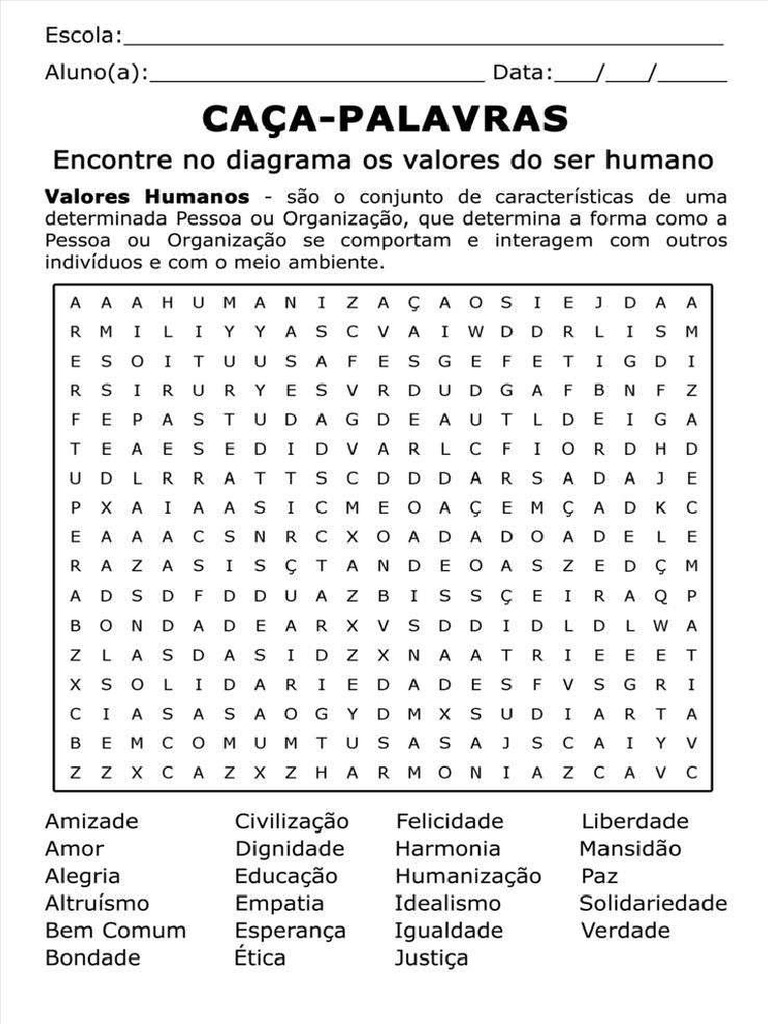 Caça-Palavras - Ensino Religioso - Encontre Os Valores Humanos Com ...