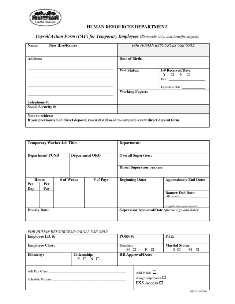 Temporary Employee Payroll Action Form | PDF | Finance & Money Management