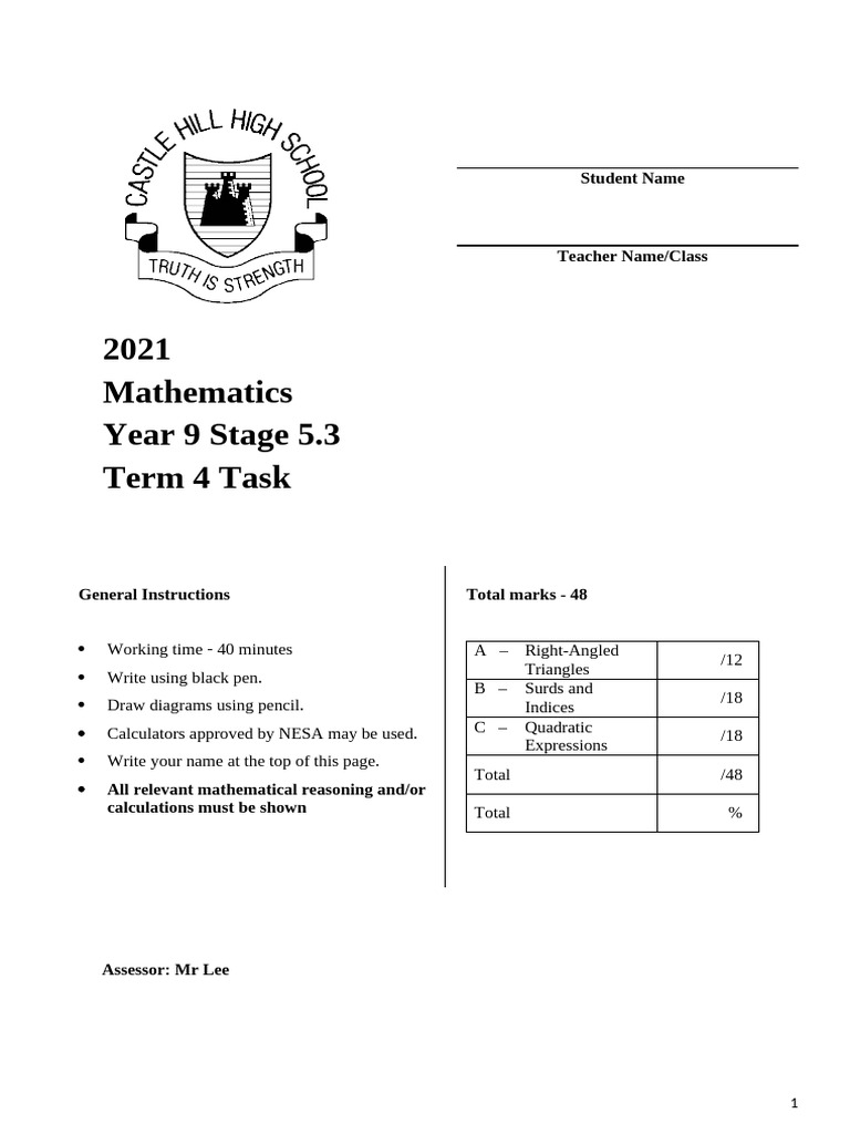 Year 9 Mathematics Assessment Task | PDF | Arithmetic | Elementary ...