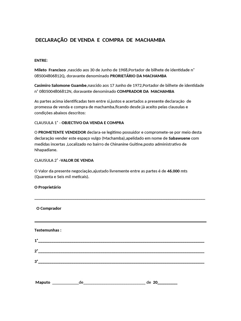 Declaração de Venda de Machamba | PDF