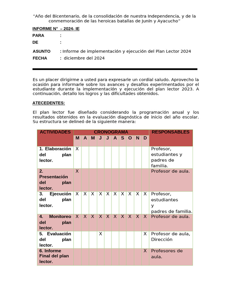 Informe de Implementación y Ejecución Del Plan Lector 2024 | PDF ...