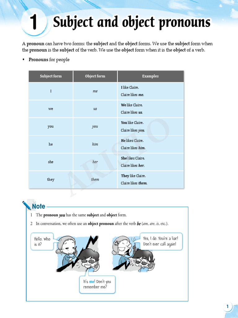 Subject and Object Pronouns Guide | PDF | Subject (Grammar) | Pronoun