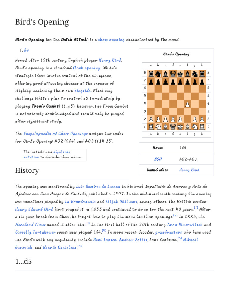 Bird's Opening - Wikipedia | PDF | Chess | Chess Openings