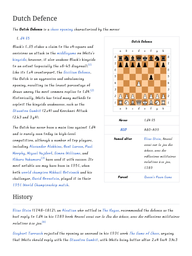 Dutch Defence Wikipedia Pdf Chess Chess Theory