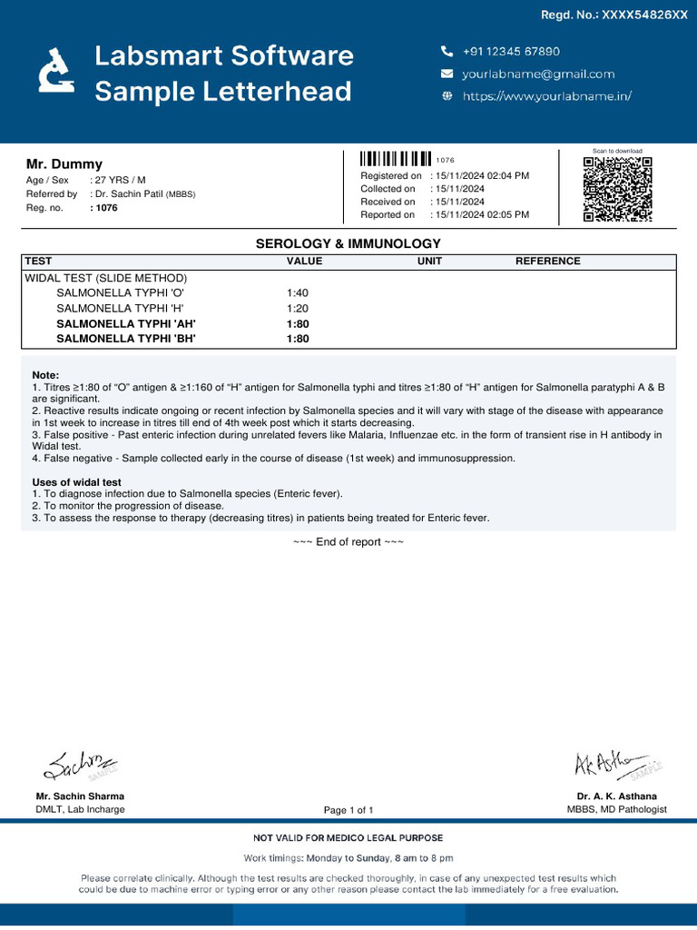 Widal Test Report for Salmonella Infection | PDF