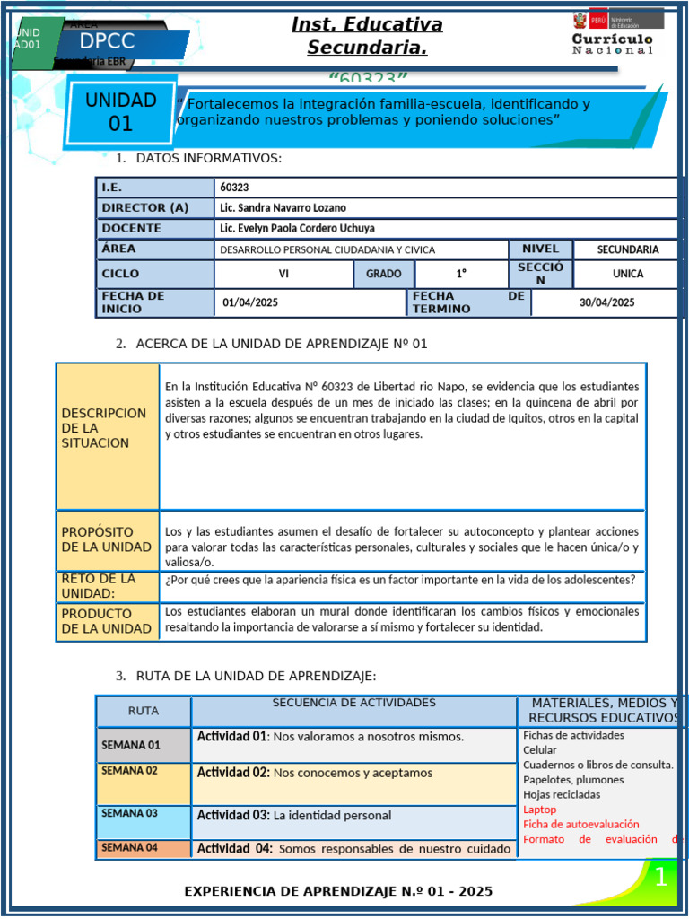 Unidad de Aprendizaje DPCC 1 Secundaria | PDF | Aprendizaje | Multimedia