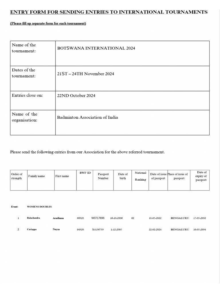 International Tournament Entry Form | PDF