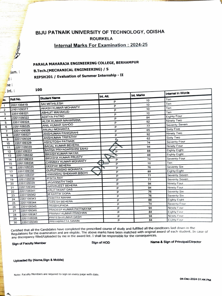 BPUT Odisha B.Tech Internal Marks 2024 | PDF