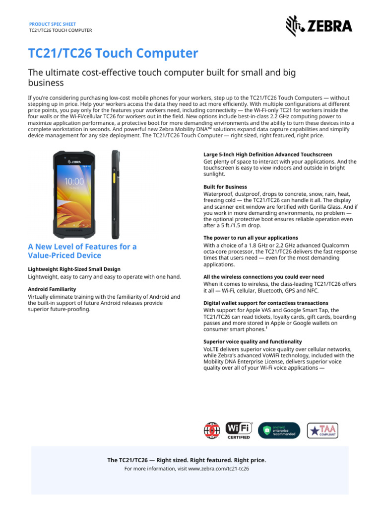 Tc21 Tc26 Spec Sheet en Us | PDF | Ieee 802.11 | Lte (Telecommunication)