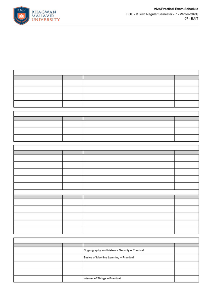 Viva Practical Exam Schedule FOE BTech Regular Semester 7 Winter 2024 ...