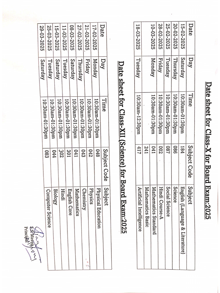 Date Sheet For Class X and XII Board Exam 2025 | PDF