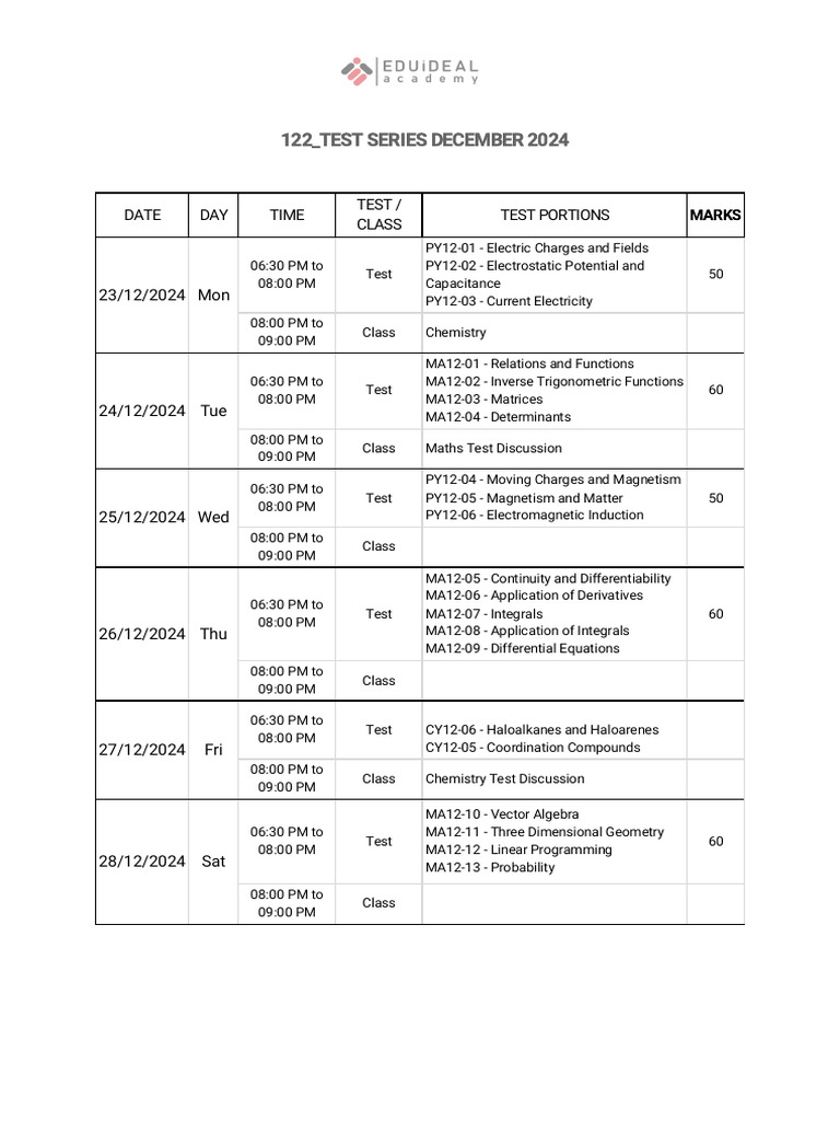December 2024 Test Series Schedule | PDF | Integral | Determinant