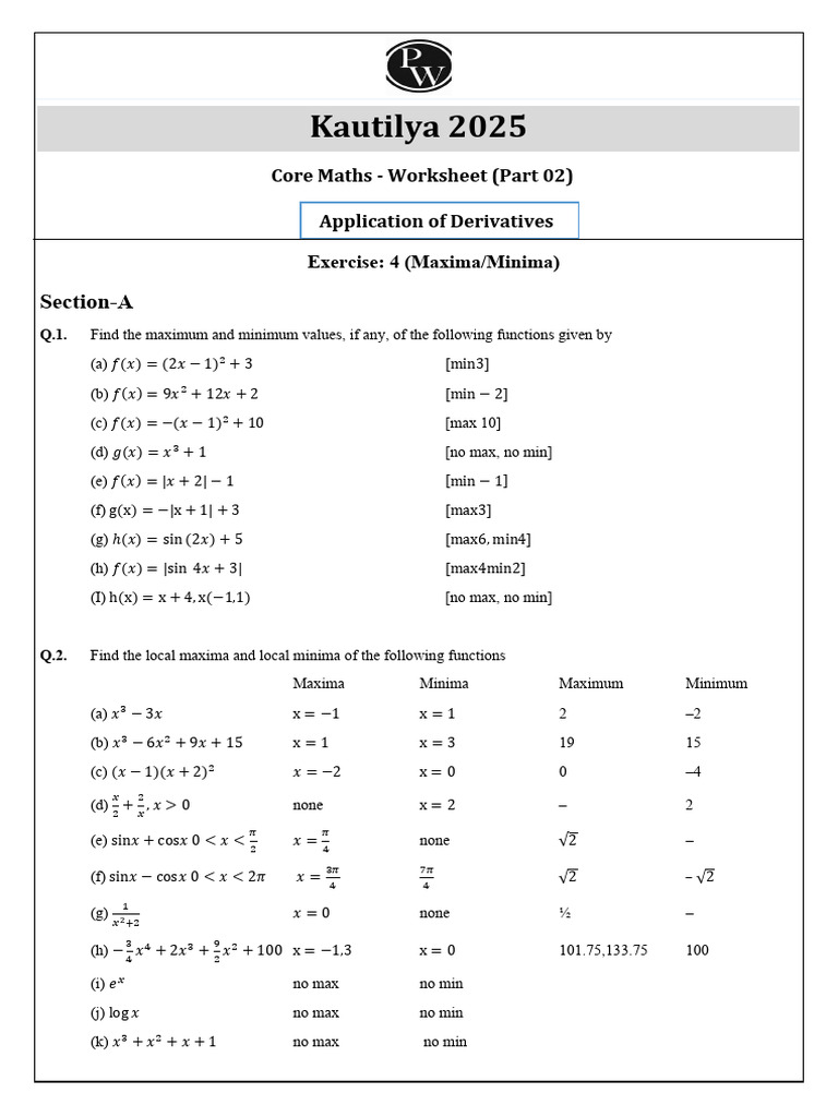Maxima and Minima Calculations Worksheet | PDF | Mathematics Of ...