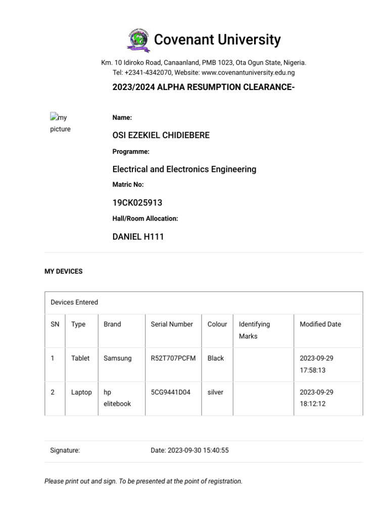Covenant University Resumption Clearance 2023 | PDF