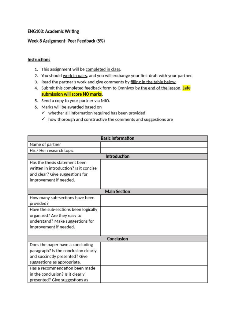 ENG103 Peer Feedback Assignment Guide | PDF