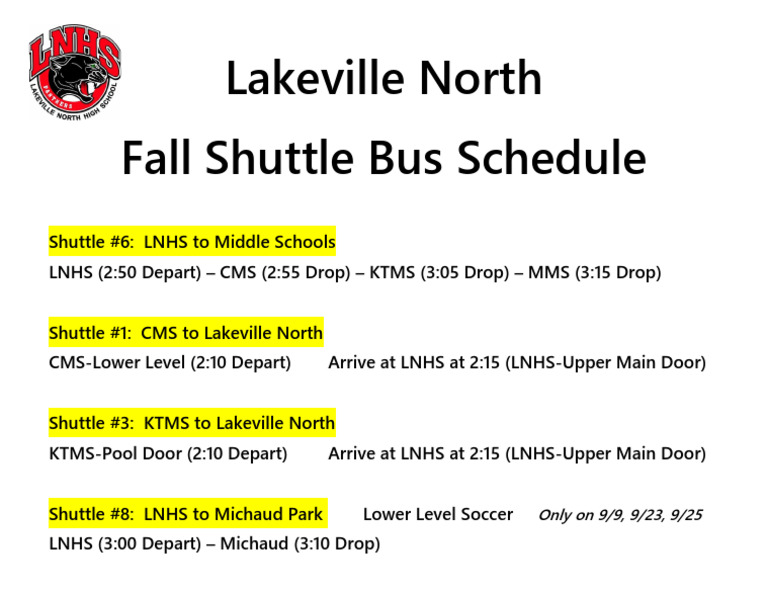 Lakeville North Fall Shuttle Schedule | PDF