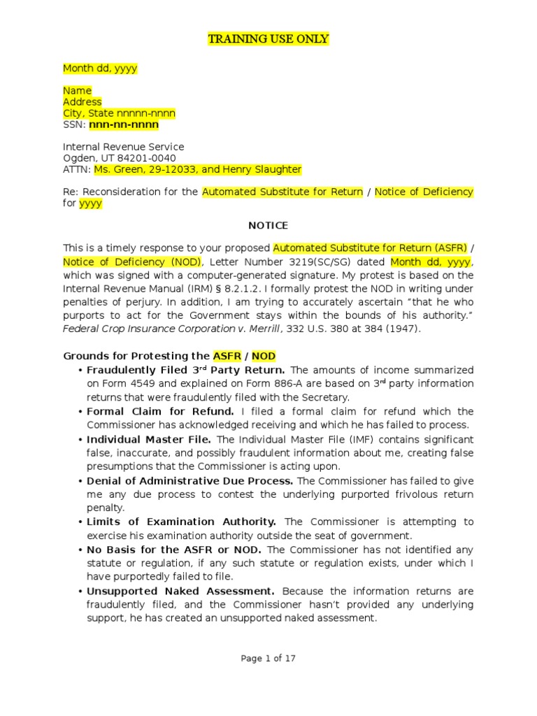 2011 08 03 ASFR NOD Response Letter Template PDF Internal Revenue 