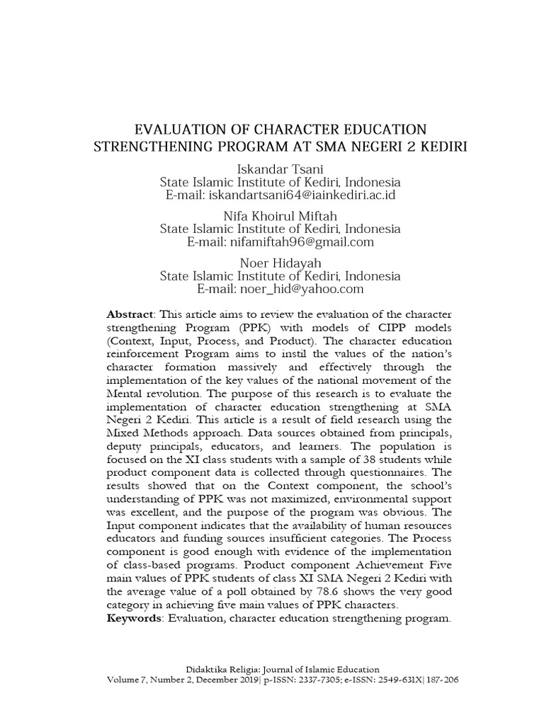 Evaluation of Character Education Strengthening Program at SMA Negeri 2 ...