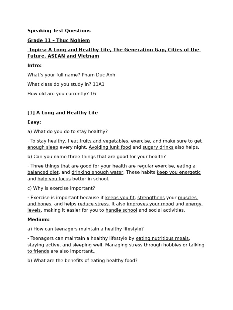 Grade 11 Speaking Test Questions | PDF | Healthy Diet | Vietnam