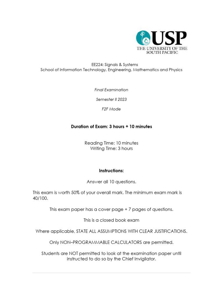 Signals & Systems Final Exam 2023 | PDF | Control Theory | Mathematical ...