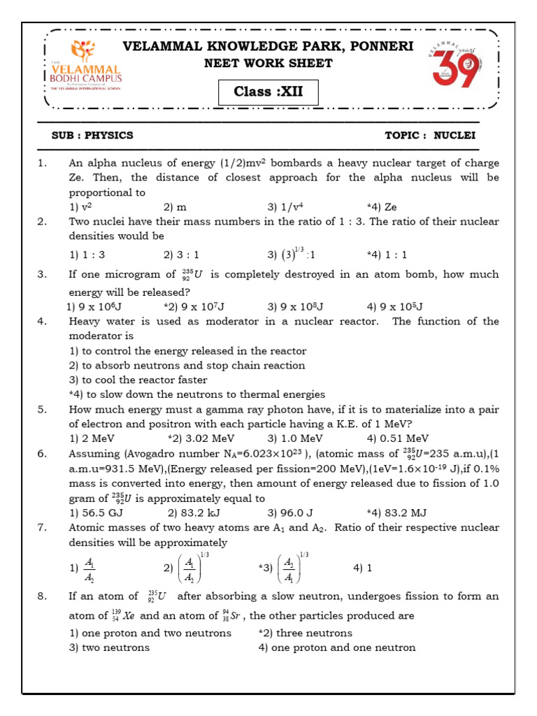 27. NUCLEI - Worksheet for NEET Revision | PDF | Atomic Nucleus | Neutron