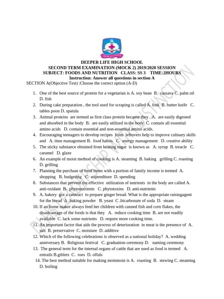 SS3 Food and Nutrition Mock Exam 2020 | PDF | Foods | Vegetables