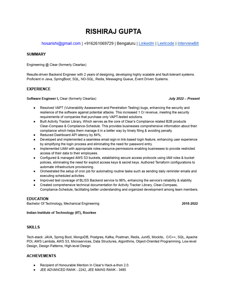 RISHIRAJ GUPTA - Backend Engineer | PDF | Computing | Software Engineering