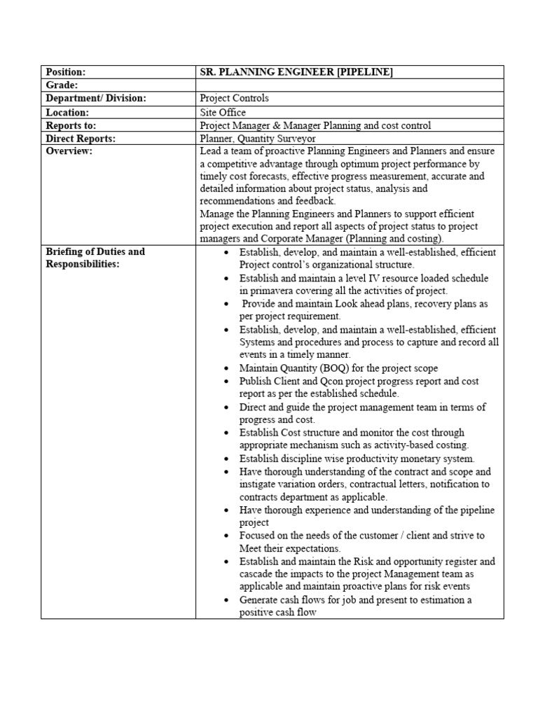 Senior Planning Engineer - Pipeline Role | PDF | Project Management ...