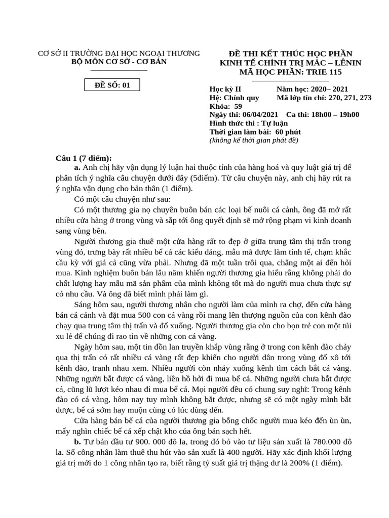 Đề 1 KTCT ML 270271273 2021 Final | PDF