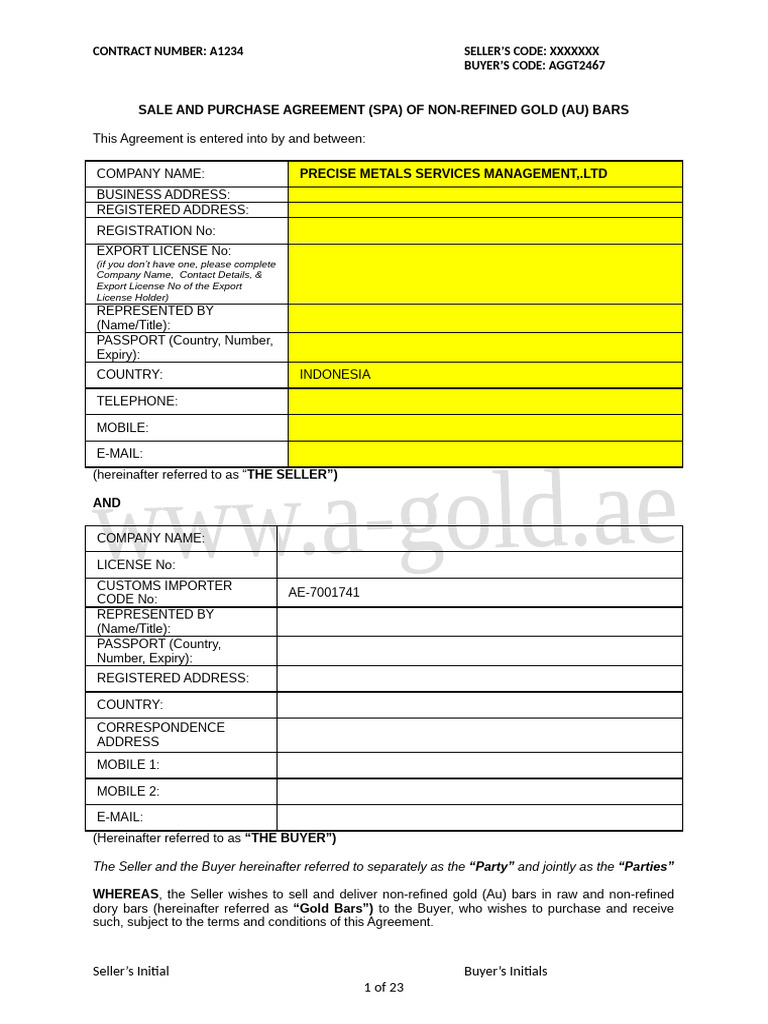 Non-Refined Gold Bars Sale Agreement | PDF | Letter Of Credit | Bullion