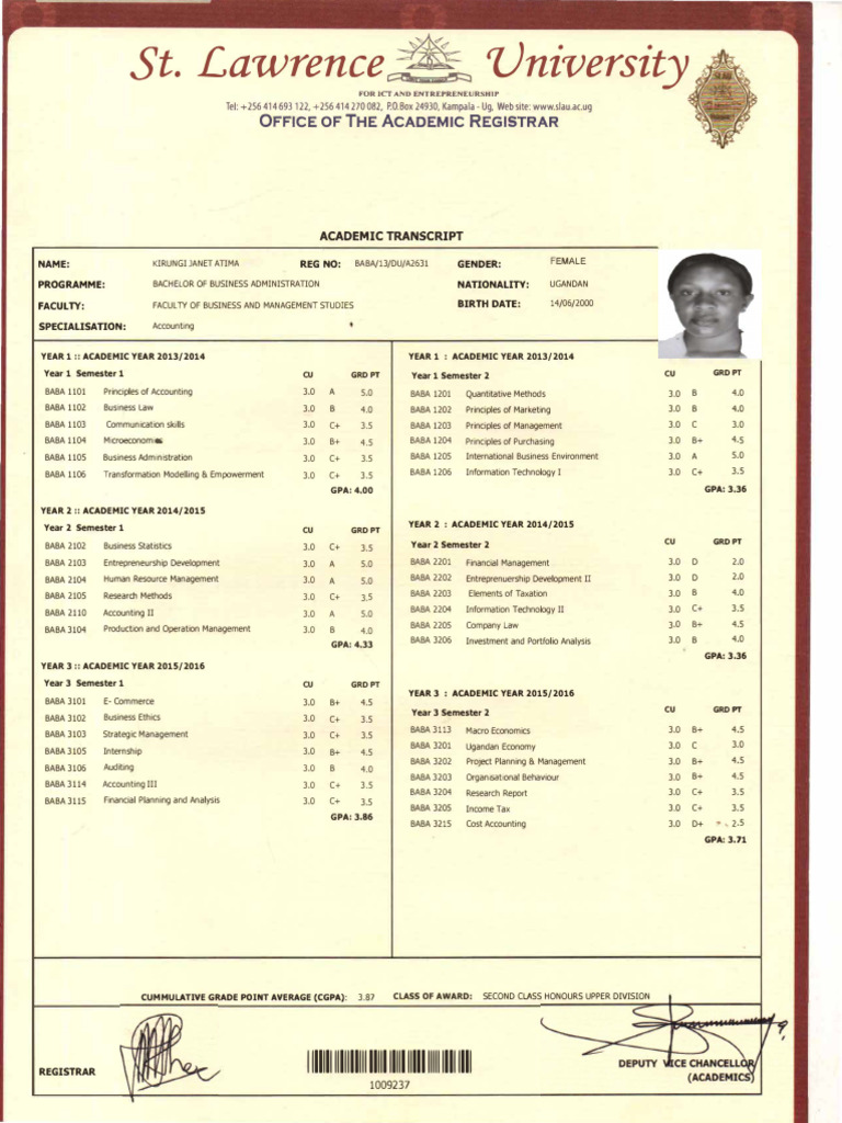 St. Lawrence University Academic Transcript | PDF | Accounting | Taxes