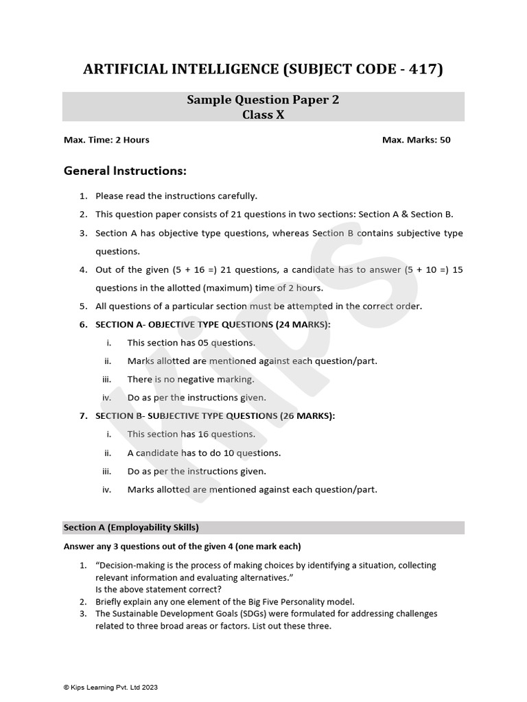 Class 10 AI Sample Question Paper | PDF | Artificial Intelligence ...