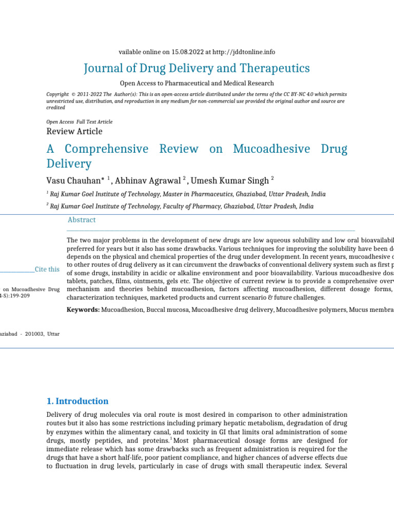 A Comprehensive Review On Mucoadhesive Drug Delivery | PDF | Epithelium