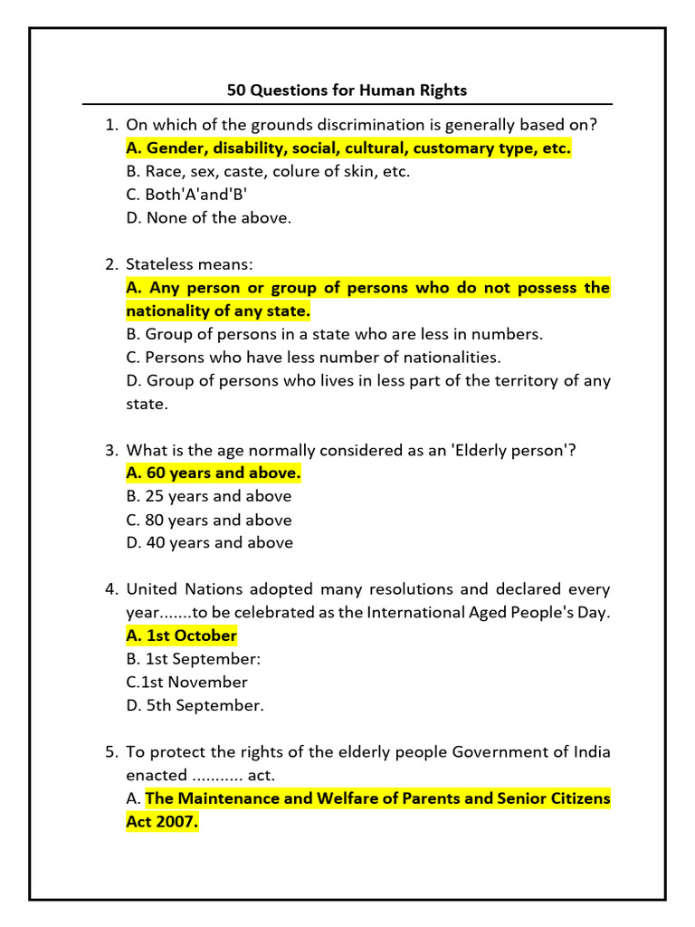 50 Essential Human Rights Questions | PDF | Discrimination | Children's ...