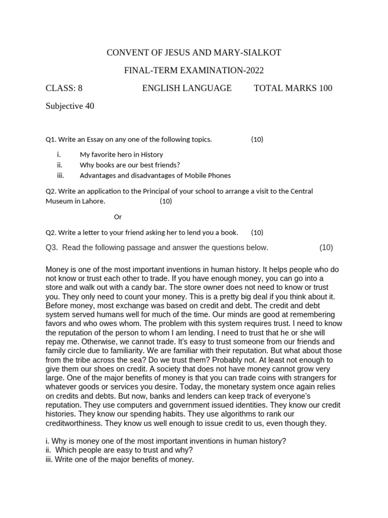Class 8english Language Final Term 2022 | PDF | Money | Debt