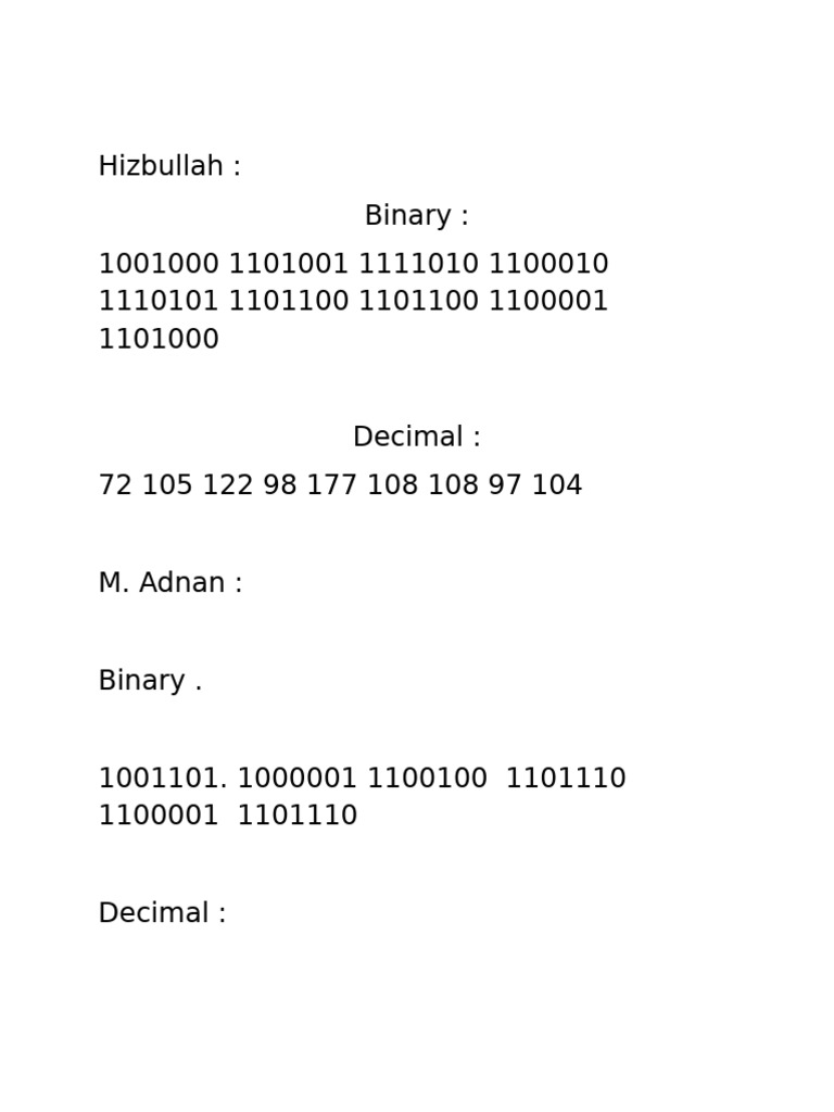Hizbullah: Binary: 1001000 1101001 1111010 1100010 1110101 1101100 ...