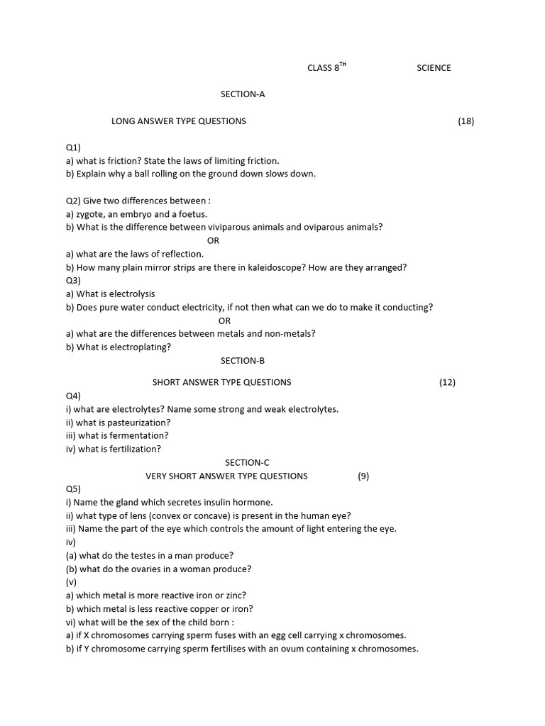 Class 8 Science Question Paper | PDF | Reproduction | Biology