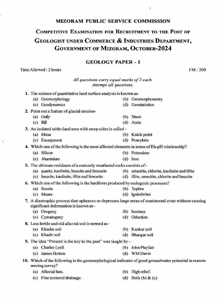 Geologist Geology Paper I Oct 2024 | PDF