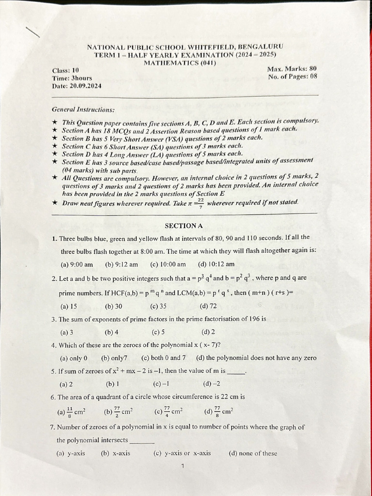 Nps Mid Term Maths Paper Class 10 | PDF