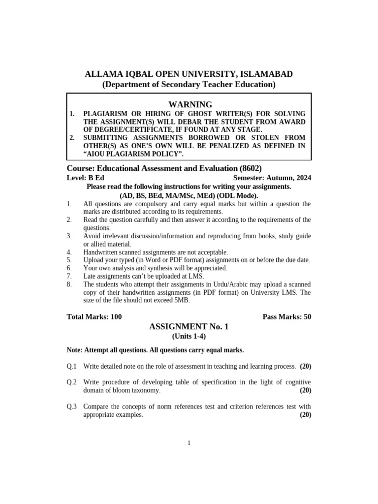 AIOU BEd Assignment Guidelines 2024 | PDF | Educational Assessment ...