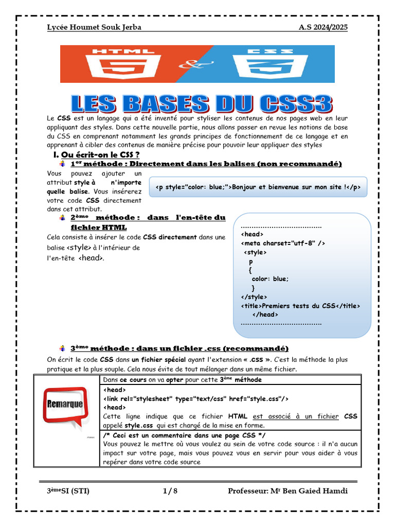 Cours de CSS3 pour 3ème STI | PDF | Langage de balisage | Html