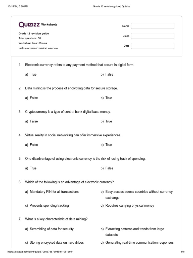 Grade 12 Quizizz Revision Answer Key | PDF | Cryptocurrency | Cash