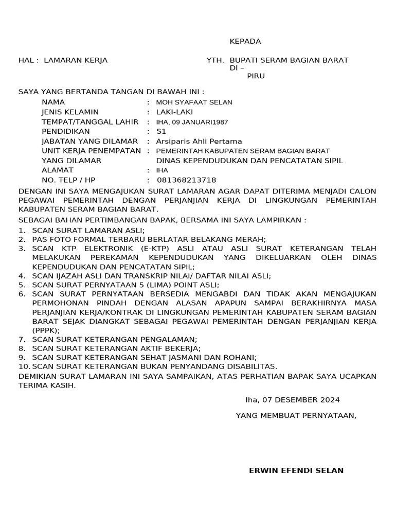 Lamaran Kerja Arsiparis Pemkab Seram | PDF