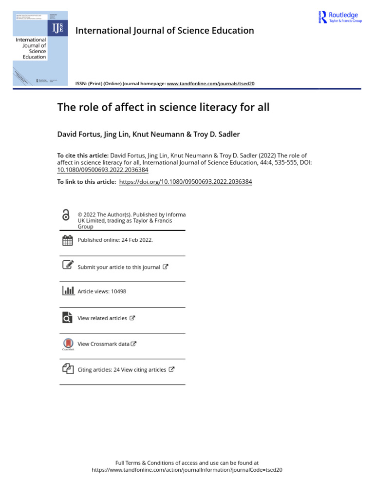 The Role of Affect in Science Literacy For All | PDF | Science | Learning