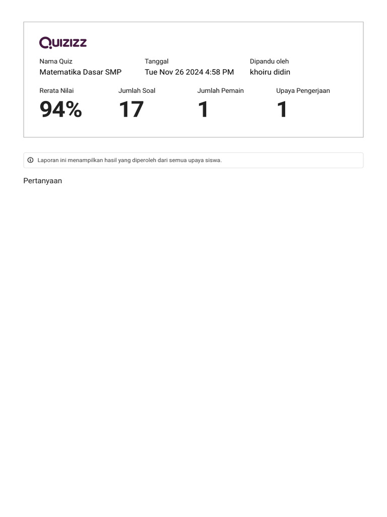 Hasil Quiz Matematika SMP: Rerata 94% | PDF