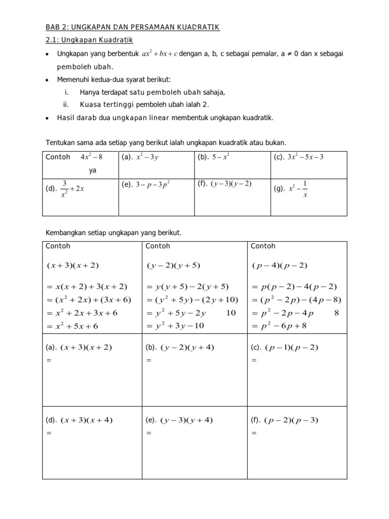 Bab 2 Ungkapan Dan Persamaan Kuadratik Pdf