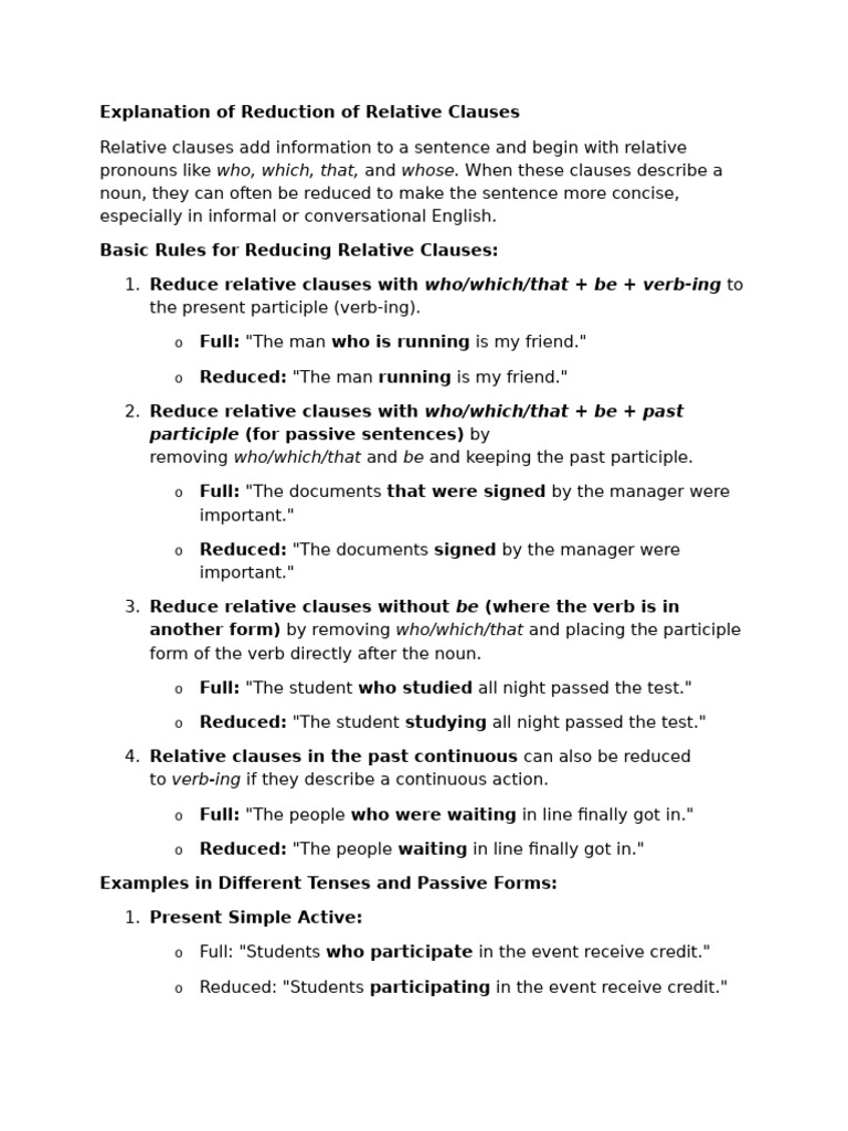 Reducing Relative Clauses Explained | PDF | Verb | Languages