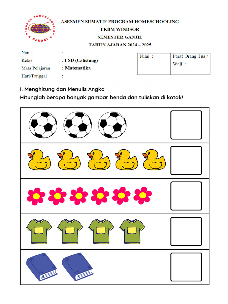 Worksheet Matematika Kelas 1 SD | PDF