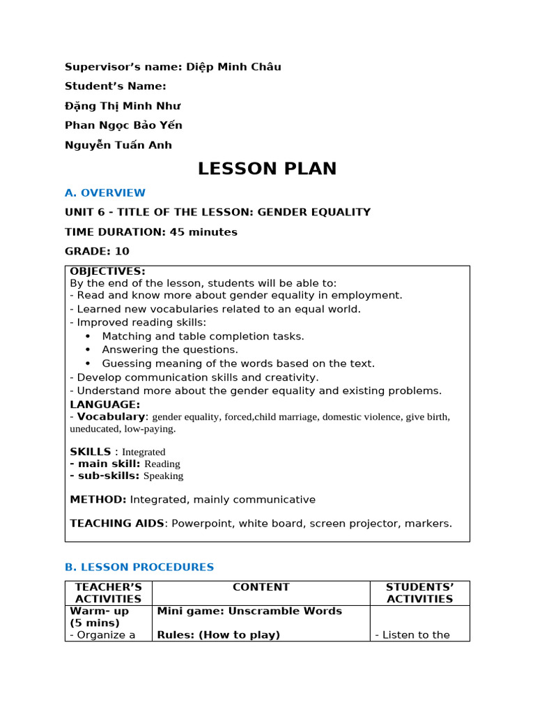 Gender Equality Lesson Plan for Grade 10 | PDF | Crossword