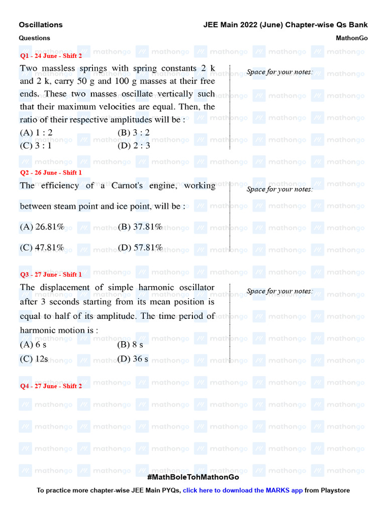 Oscillations - JEE Main 2022 Chapter Wise Questions by | PDF